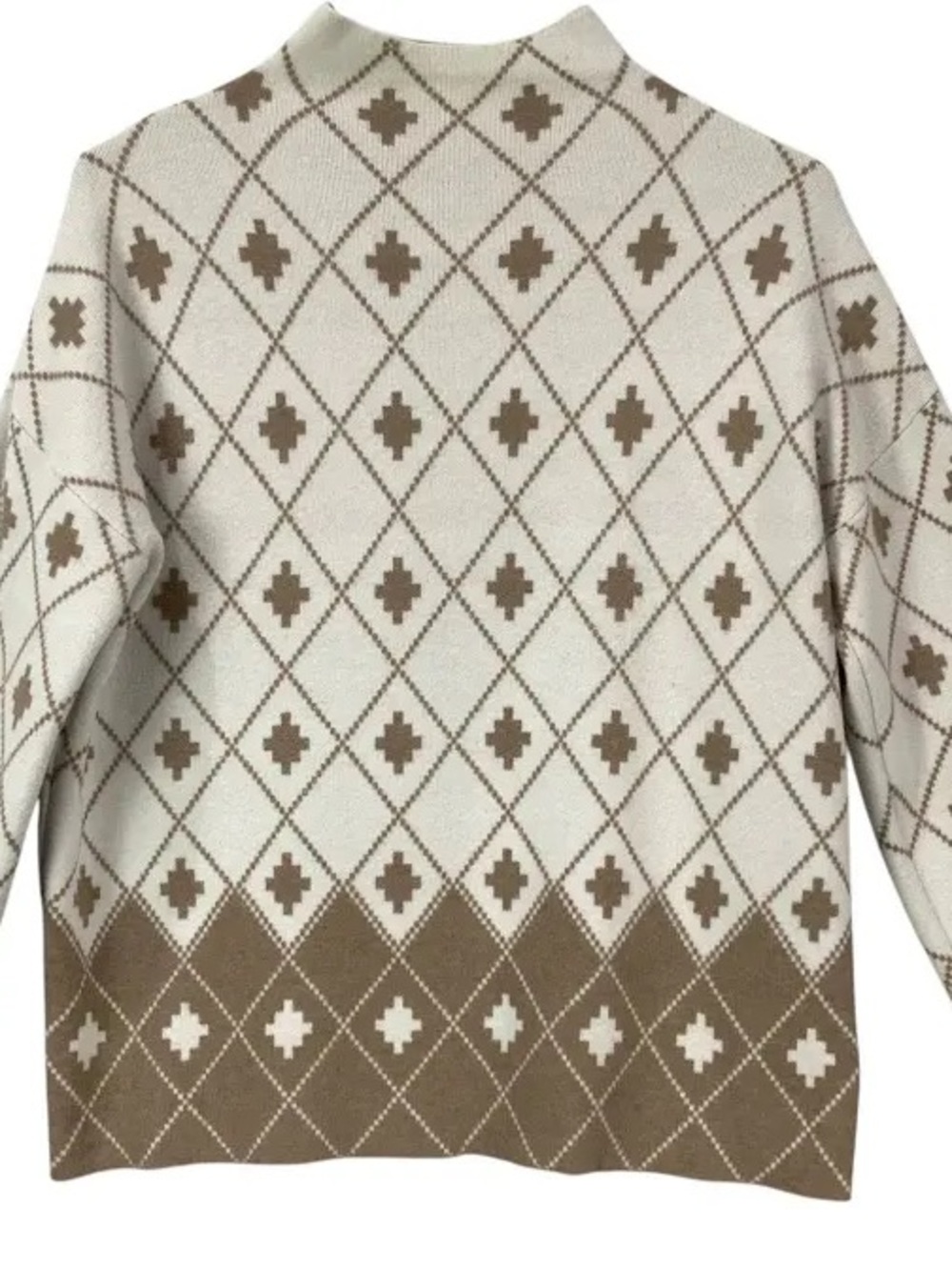Rachel Zoe Cream and Brown Geometric Crewneck Sweater
